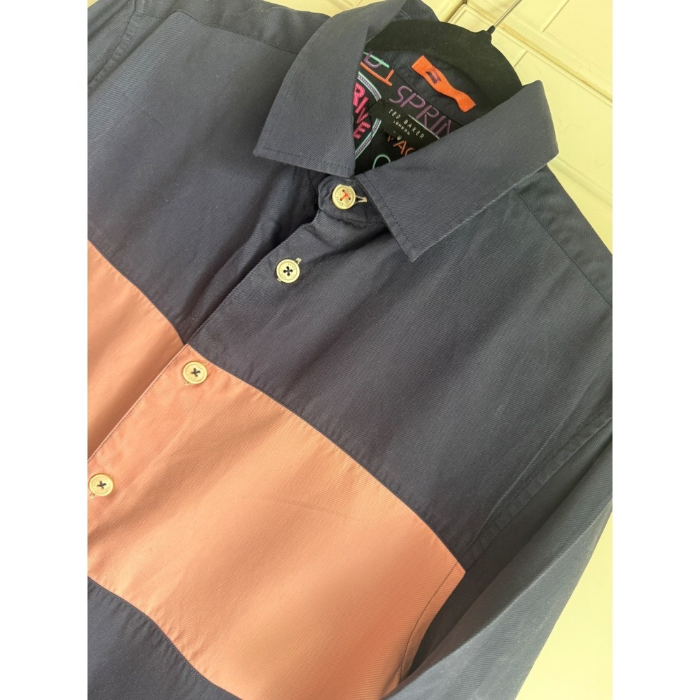 Ted Baker London Sinima Navy Pink Colorblock Lyocell Short Sleeve Shirt Mens 4 L